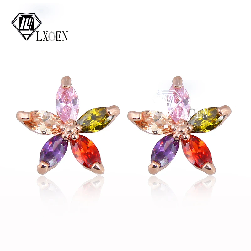 

LXOEN Fashion Multicolor Crystal Flower Small Stud Earrings For Women with AAA CZ Silver Color Studs Earings Gift bijoux