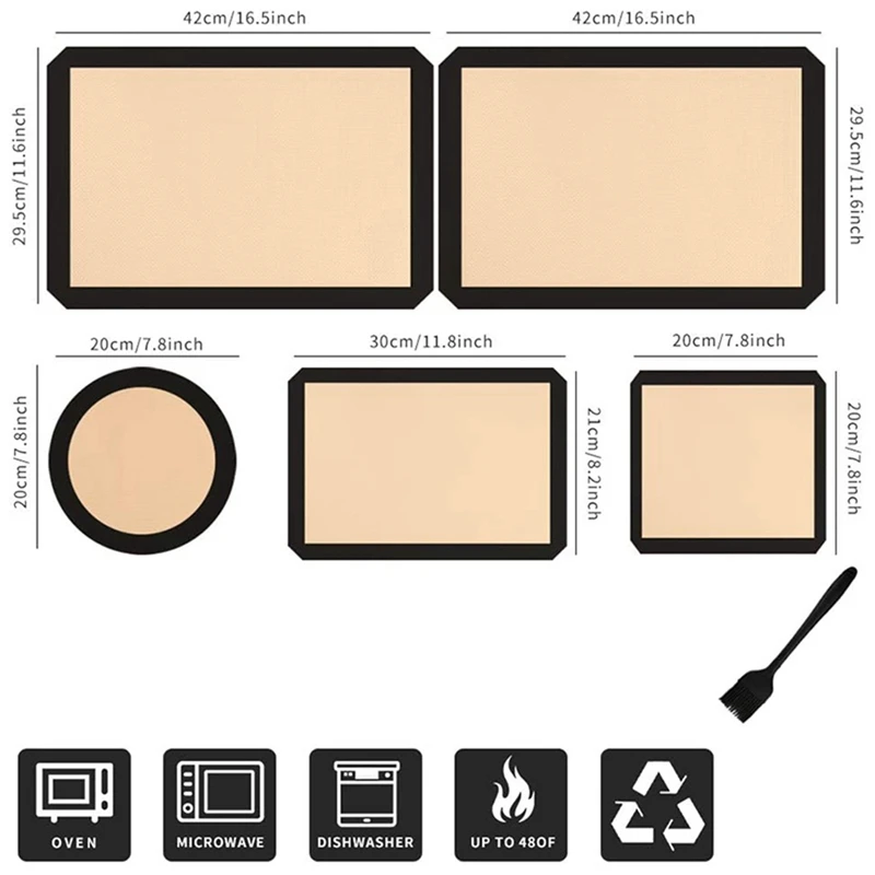 Набор из 5 силиконовых ковриков для выпечки без прилипания, переиспользуемых линеров для духовки и кисточки для раскатывания теста для макарон, выпечки и хлеба.