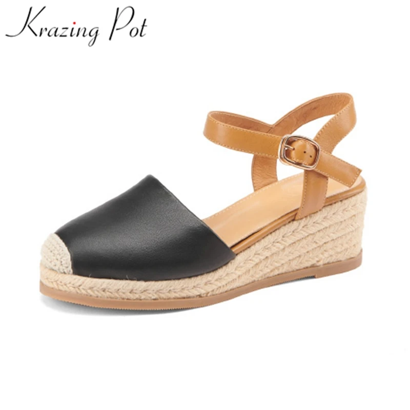 

Krazing Pot 2022 genuine leather round toe wedges summer shoes high heels straw platform work buckle strap casual women sandals
