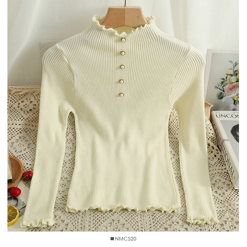 

Hikigawa Chic Fashion Women Ruffled Mock Neck Bottoming Knitted Pulllover Solid Slim Fit Inner Long Sleeve Sweater Top Mujer