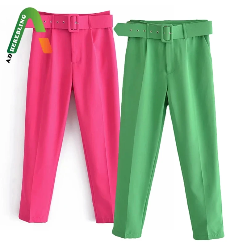 Женские брюки с поясом Adherebling Traf офисные прямые до щиколотки высокой талией и