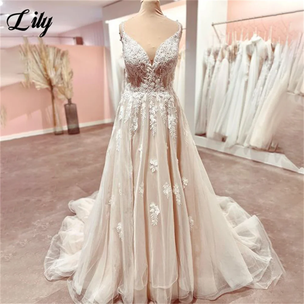 

Lily Elegant A Line White Wedding Gown Appliques Lace Wedding Dress V Neck Bridal Dress Bridal Gown Custom Size vestido novia