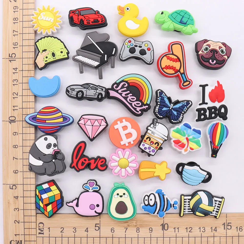 

1-30PCS PVC Croc Charms Butterfly Volleyball Diamond Whale Rainbow Buckle Clog Fit Wristbands Garden Shoes Button Decoration