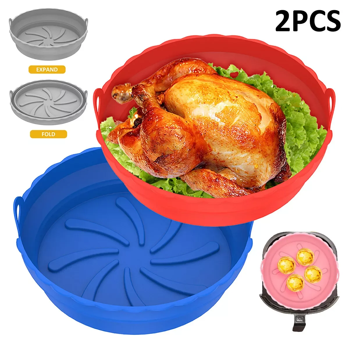 

Air Fryer Silicone Pot with Handle Reusable Air Fryer Accessories Liners Fried Chicken Basket Baking Tray Healthy Food Pan