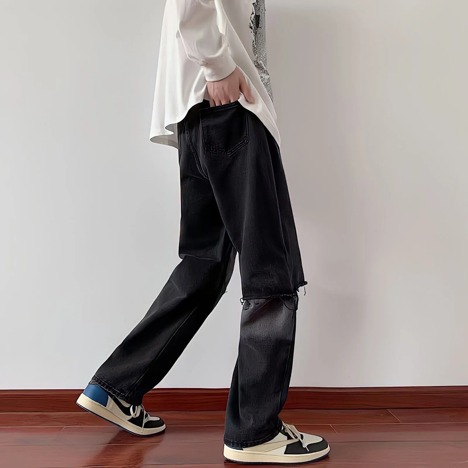 Black Ripped Jeans Men Korean Fashion Harajuku Style Baggy Straight Wide-Leg Pants Vintage High Street Hip Hop Denim Trousers