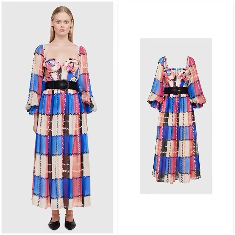 Mai Luka 2022 sweet dollar gas contrast color plaid waist dress women's distribution belt