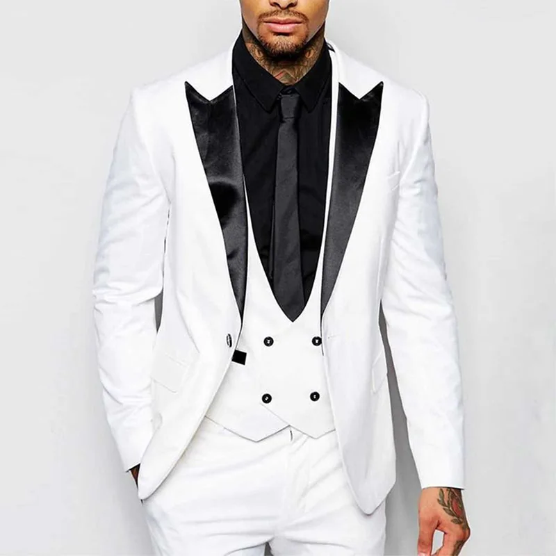 

Новое поступление 2021, белые смокинги для жениха с пиковым отворотом, мужской костюм-Лучший человек, мужские свадебные костюмы, костюм для выпусквечерние вечера (пиджак + брюки + жилет + галстук)