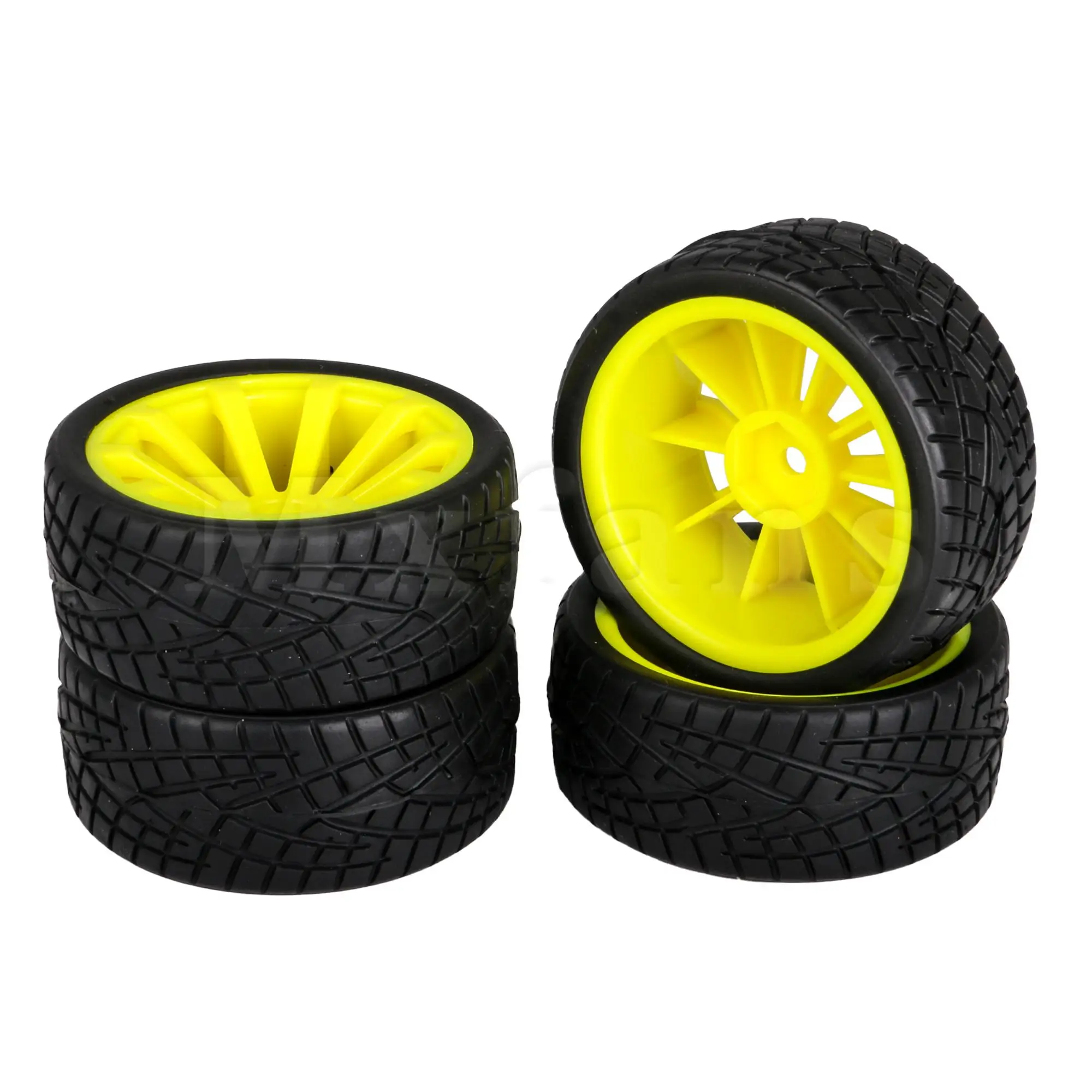 4 Black Rubber Tires & 4 Yellow Wheel Rims RC1:10 On Road Car 52x26mm