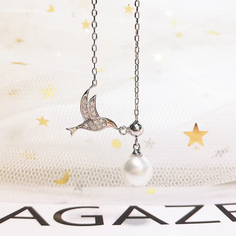 

Ladies 925 Sterling Silver Necklace White Gold Bird Animal Inlaid Pearl Zircon Clavicle Chain Fashion Jewelry Couple Love Gift