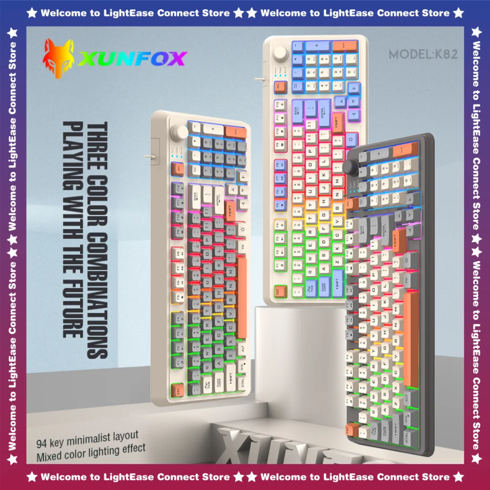 Новинка 2024 игровая клавиатура Xunfox K82 94 проводных клавиши три цвета подходящие к