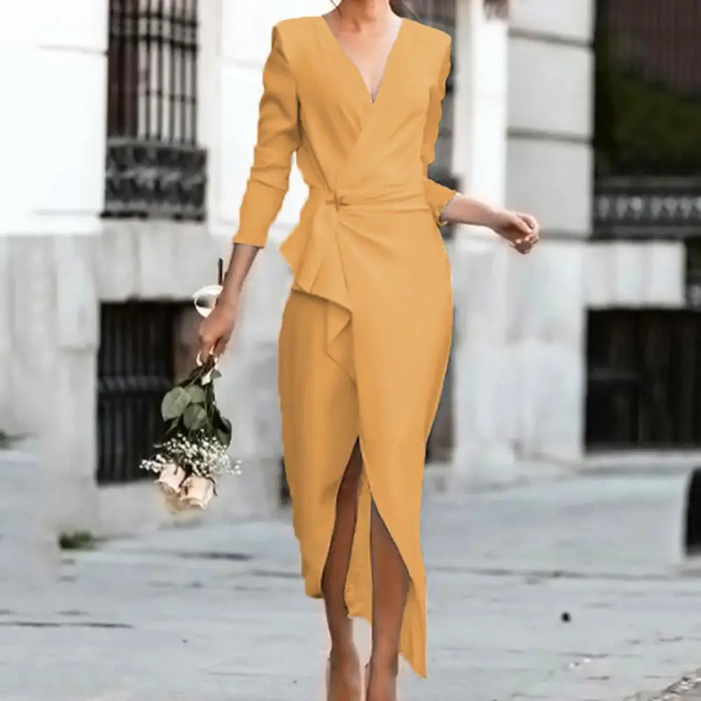 

Womens Autumn Elegant Long Dress 2022 Fashion Long Sleeve Ladies Solid V Neck Vestidos Casual Dresses For Women Party Dress