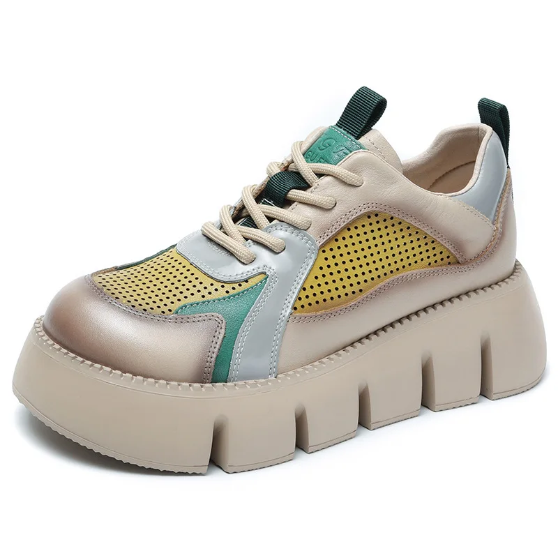 

Leather Platform Sandals Women 2022 Summer New Color-blocking Cow Punched Breathable Leather Sneakers