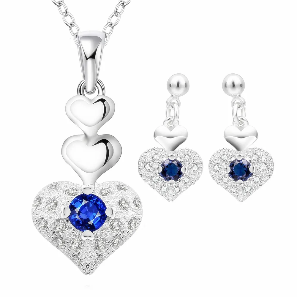 

Women's 925 Stamp Silver Color Set Earrings Necklace Heart Blue Crystal Zircon Jewelry Sets Female Wedding Engagement Jewelry