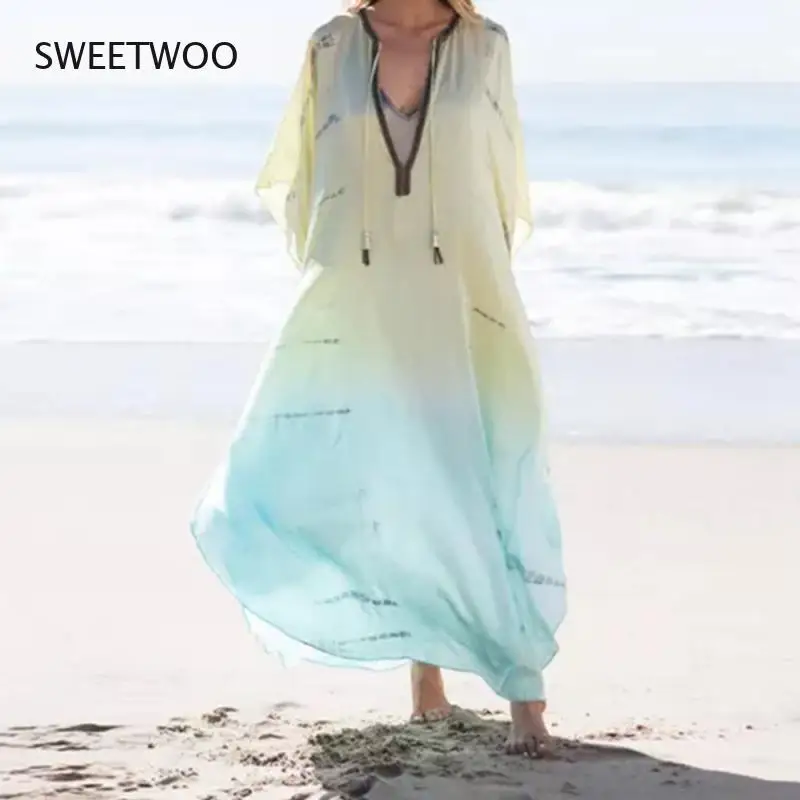 

Women's Chiffon Beach Blouse Print Loose Robe Resort Beach Skirt Bikini Sun Shirt Swimwear