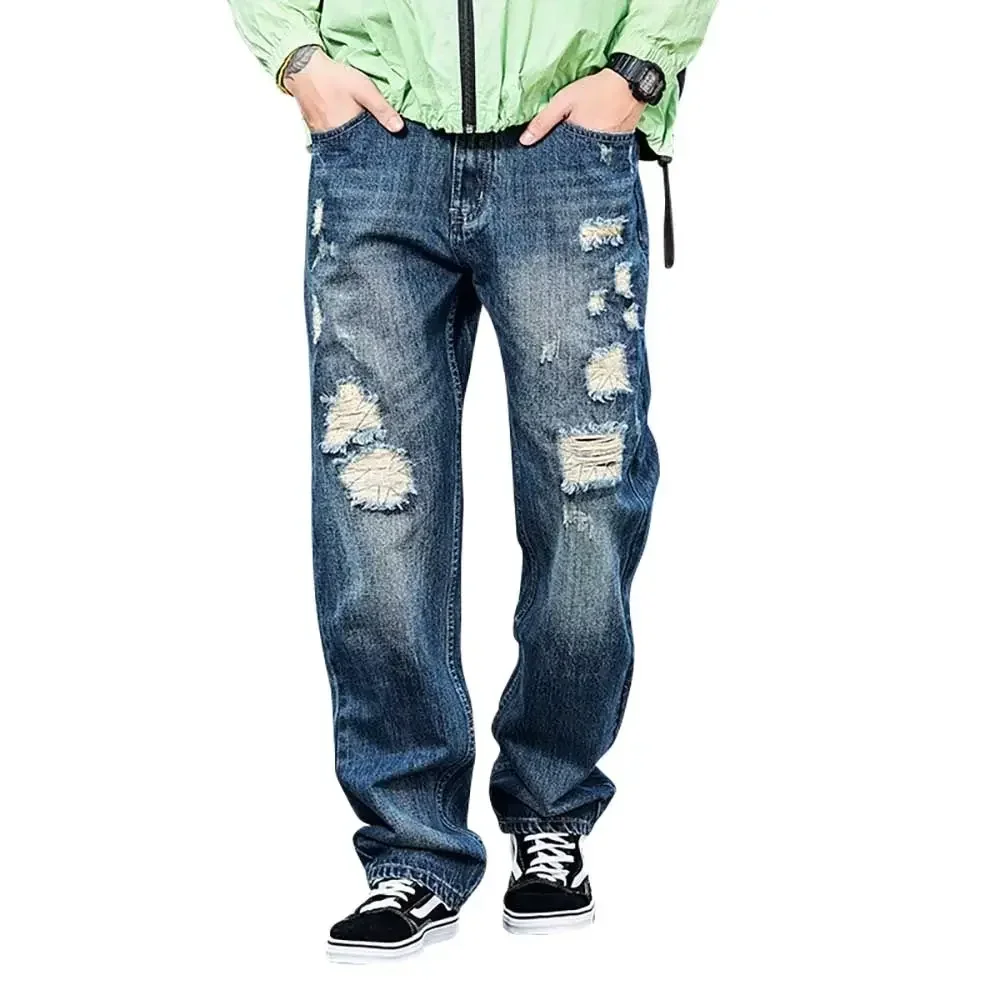 Модные рваные мешковатые джинсы Мужские повседневные Прямые брюки уличная