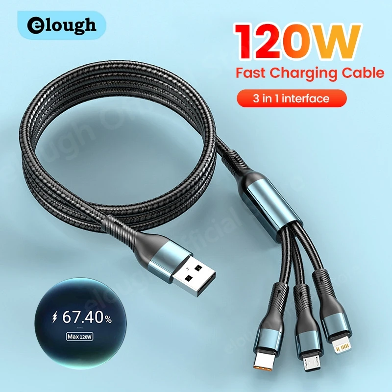 Кабель зарядный Elough 3 в 1 с Micro USB Type-C, 5 А, 120 Вт