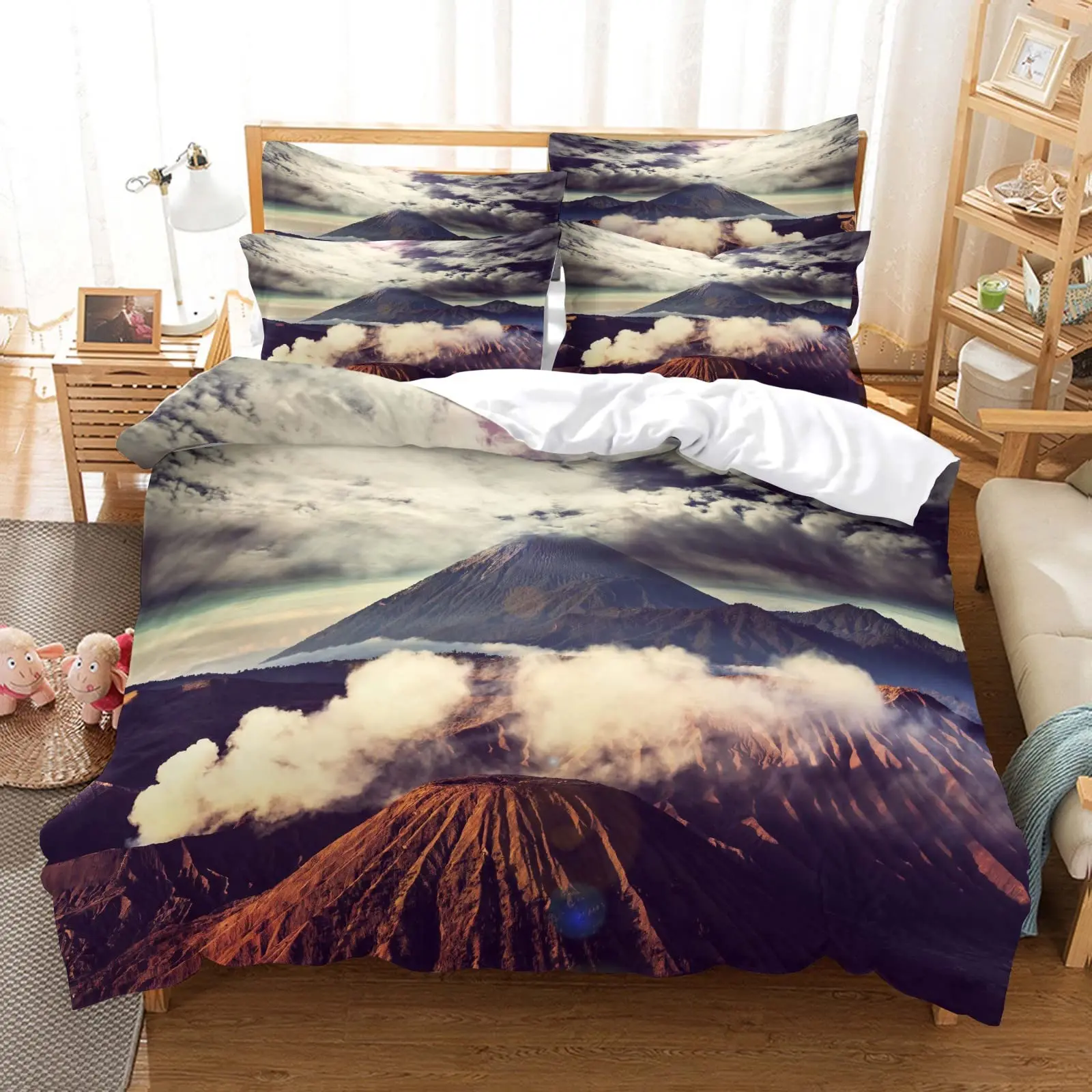 

Volcano King Queen Duvet Cover Eruption Hot Set for Kids Teens Adults Natural Disaster Molten Polyester Quilt Cover Lava Bedding