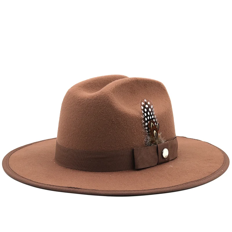 

Khaki Wool Women Fedora Hat wide brim hats Elegant Lady Gangster Trilby Felt Homburg Church Jazz Hat Men cowboy hats