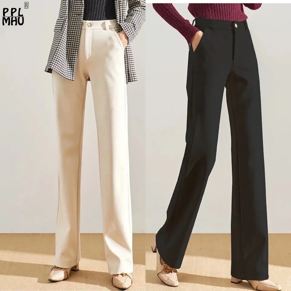Sag Korean Office Suit Trousers Beige Loose Bottoms Women Elegant Woolen Blend Wide Leg Pants Fall Winter High Waist Warm Pants