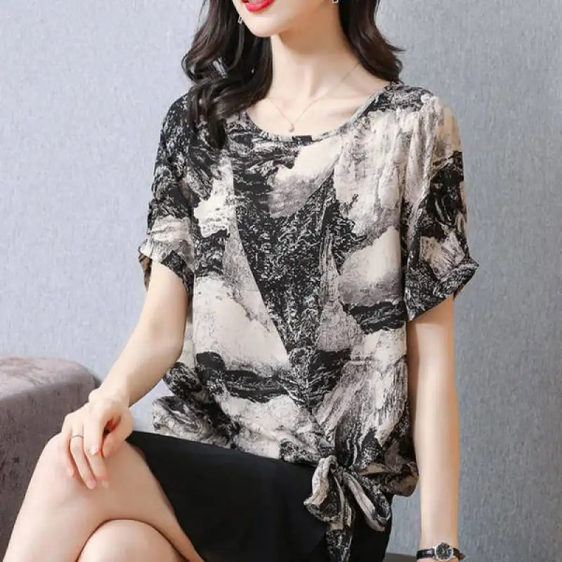Casual Ink Floral Printing Bow Chiffon Shirt Summer 2022 Streetwear O-Neck Short Sleeve Oversized Loose Blouse Women's Clothing
