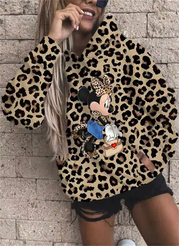 Women's Hoodie Disney Mickey Mouse Print T-Shirt Fall Hooded Fashion Casual Sweatshirt Modern 2022 Sexy Leopard Print Hoodie