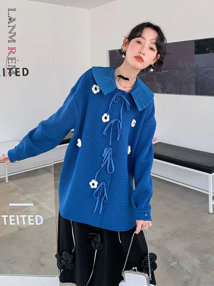 

LANMREM Blue Thick Shirts For Women Flower Decoration Drawstring Long Sleeves Shirt Women Fashion Top 2022 Spring Autumn 2R1236