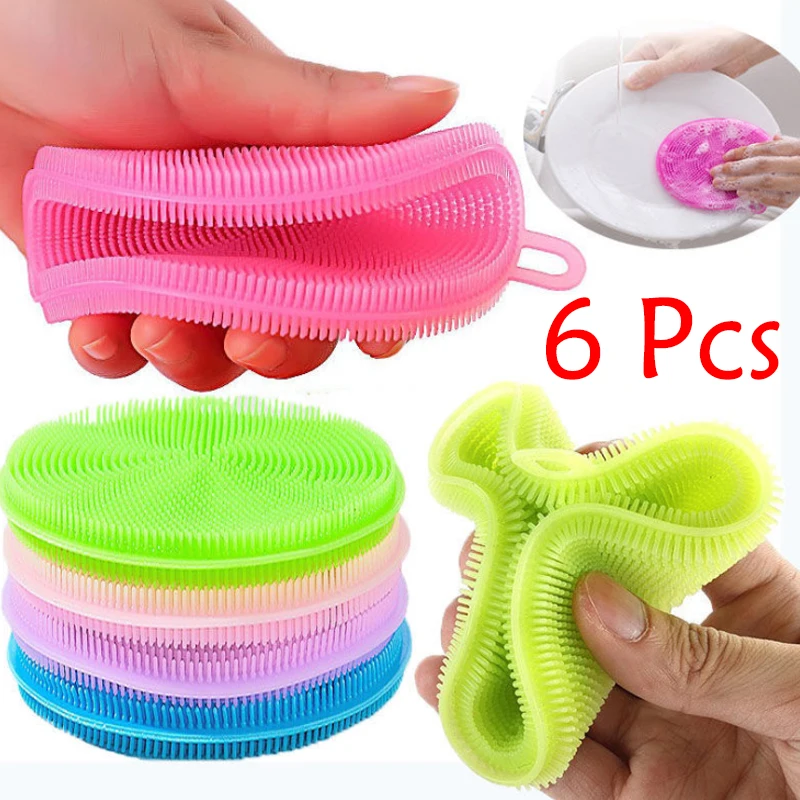 

6Pcs Silicone Brush Kitchen Dishwashing Soft Silicone Sourcing Pad Decontamination Pot Bowl Cleaning Brush Anti Hot Table Mat