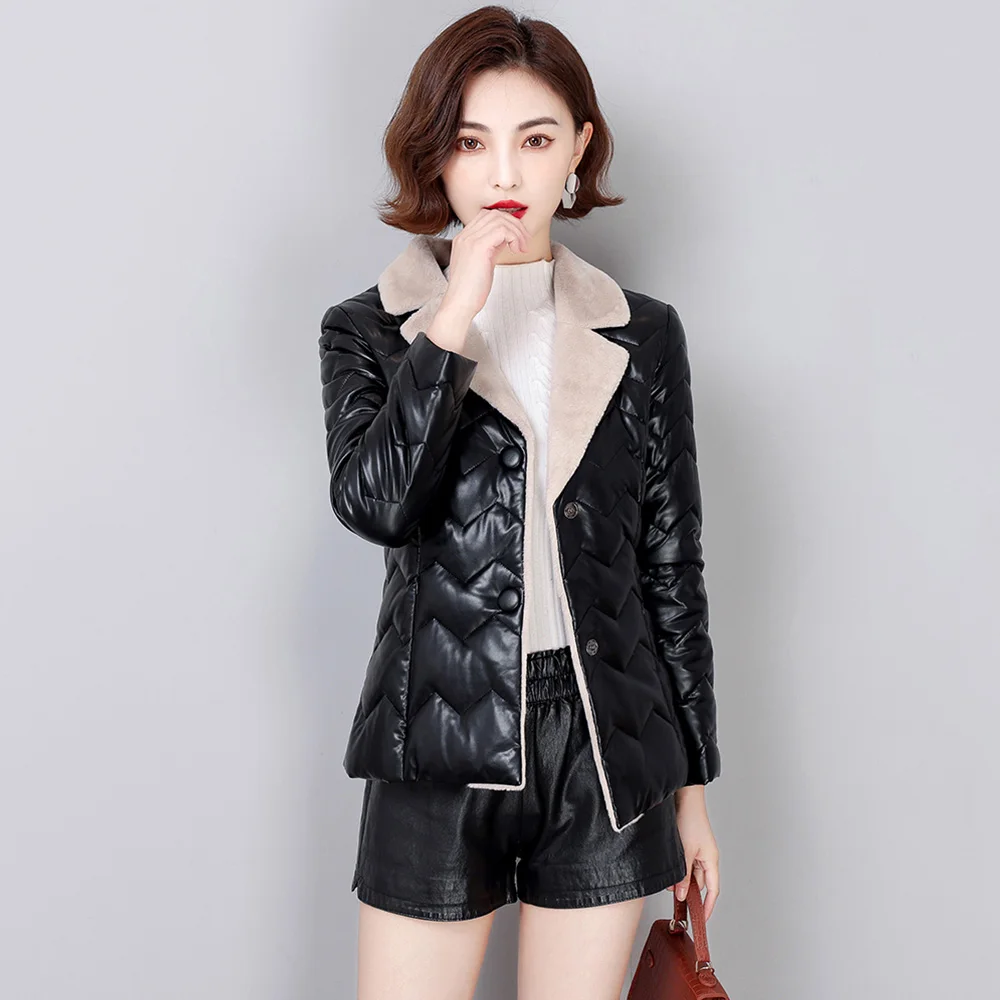 New Women Leather Down Jacket Autumn Winter Casual Fashion Lamb Wool Turn-down Collar Slim Thick Warm Sheepskin Down Jacket