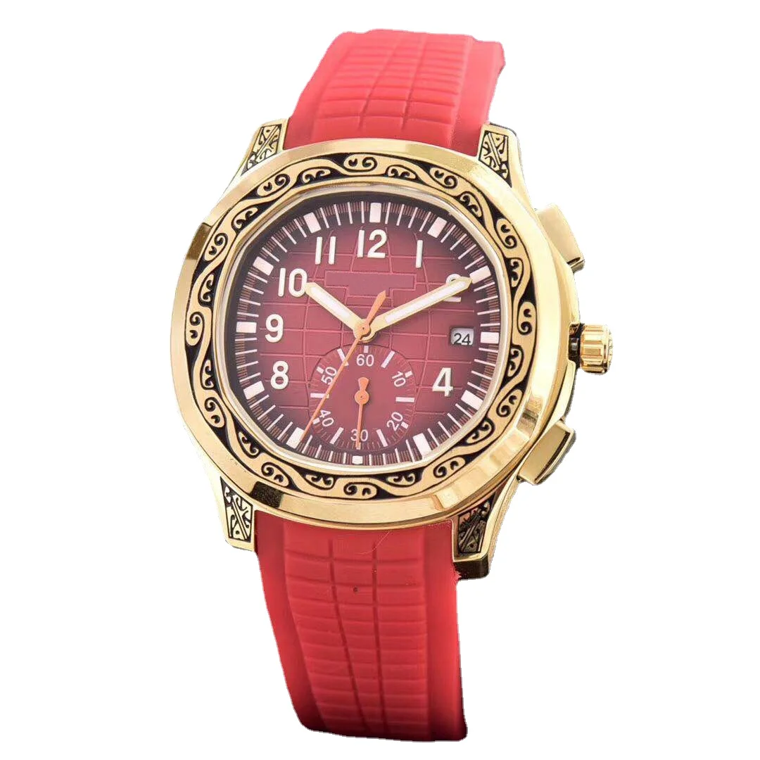 

mens mechanical watch automatic Gold Dual Time Blue Rubber