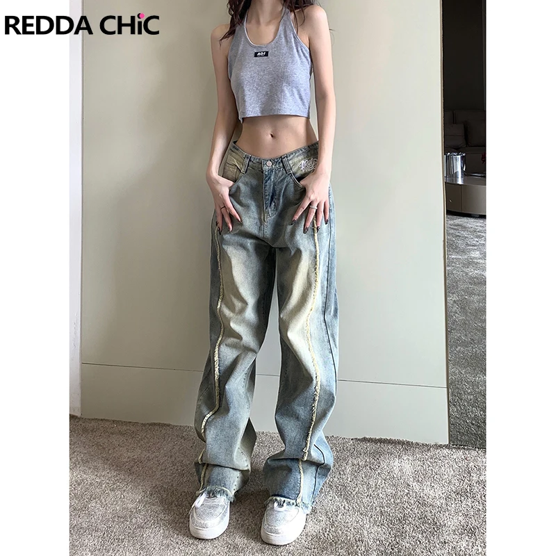 

REDDACHiC Vintage Washed Baggy Jeans with Tassel Details Patchwork Straight Wide Leg Pants for Women High Waist Denim Trousers