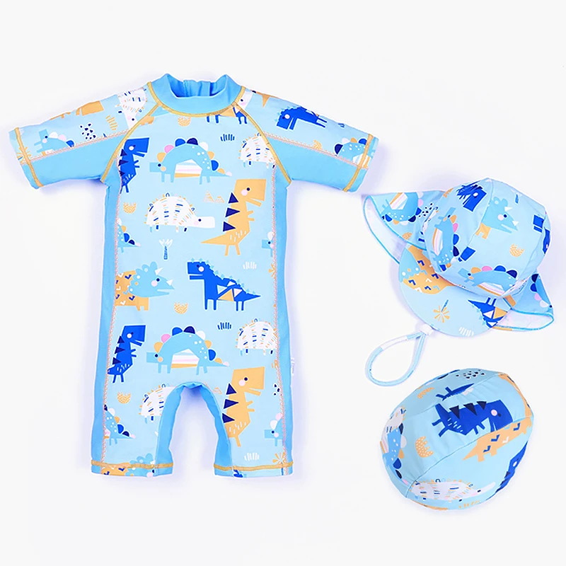Conjoined Body Super Cute  Mechanical Dinosaur 3 Piece Set Baby Swimsuit 2022 New Short Sleeve Children Bathing Cap Swim Suit