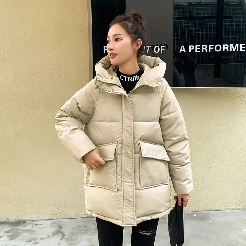 Korean Fashion Winter Coats Women Down Jackets Solid Color Hooded Thicken Warm Solid Coat Padded Loose Female Clothing
