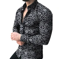 2022 fashion men floral print slim fit long sleeve top button turn down collar shirt for man male casual blouse shirts cardigan