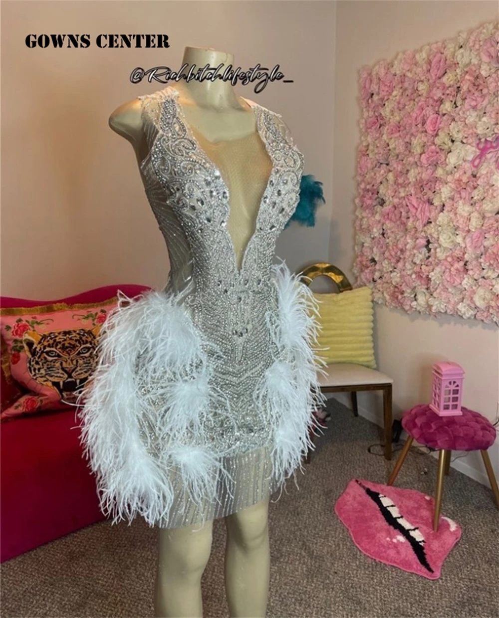 

White Feather Crystal Beading Prom Dresses For Black Girls Luxury Gown See Thru Mini Cocktail Dress Homecoming Gowns Shinning