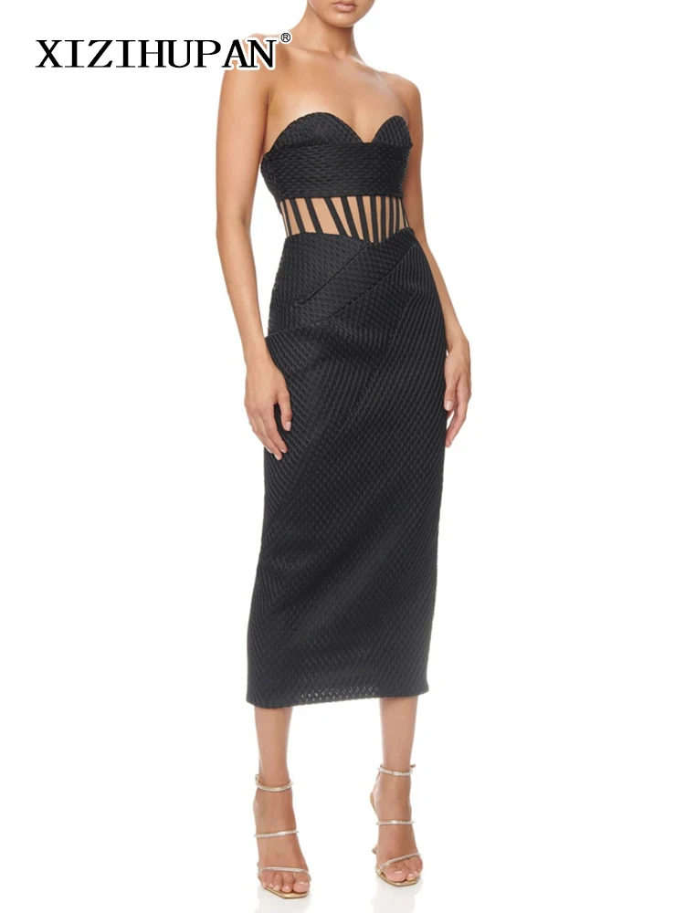 

XIZIHUPAN High Street Black Dress For Women Strapless High Waist Cut Out Solid Sexy Midi Dresses Female Clothing Summer New 2022