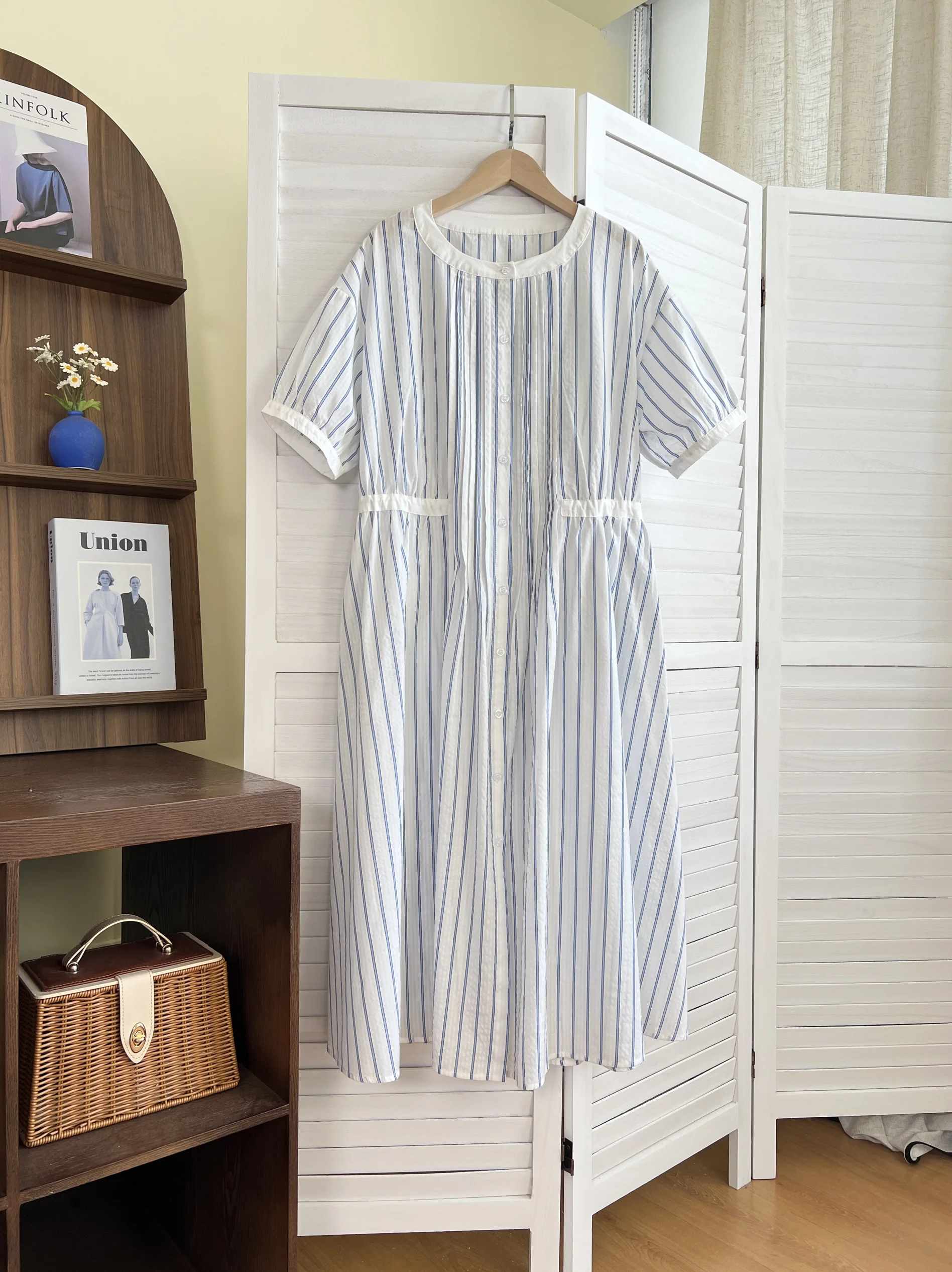 Japan fashion Knowledge Girl Vertical Stripes Pure Cotton Patchwork Waist Line Bubble Short sleeve Dress Loose Slimming Long ...