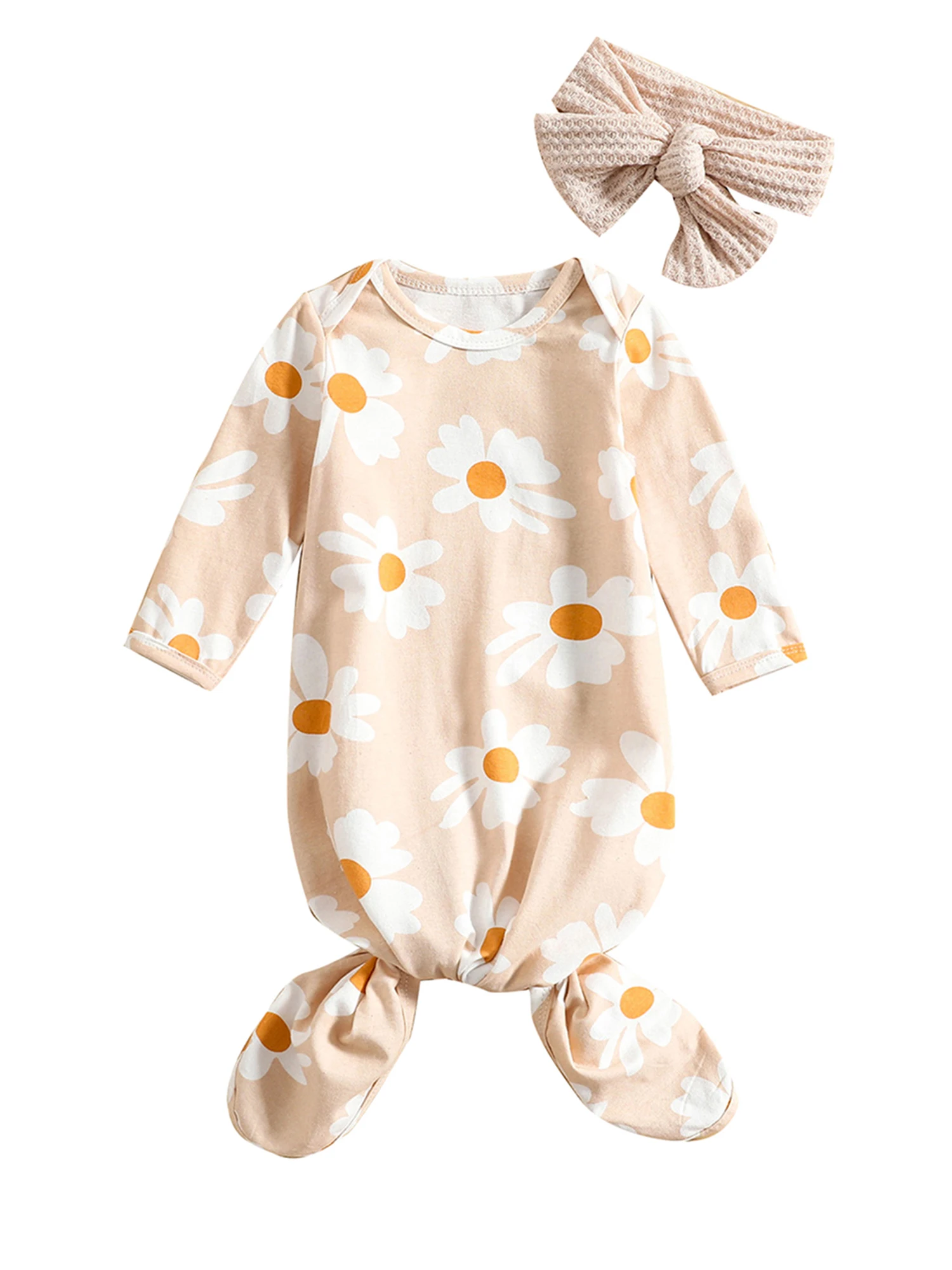

Одежда для новорожденных девочек, комбинезон с длинным рукавом и цветочным принтом и круглым вырезом, милая вафельная повязка на голову, ос...