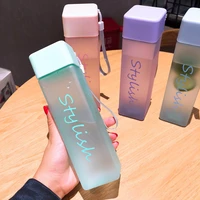 square water bottle gradient color fashion drink cup with cover and tie outdoor environment friendly portable glass tumbler