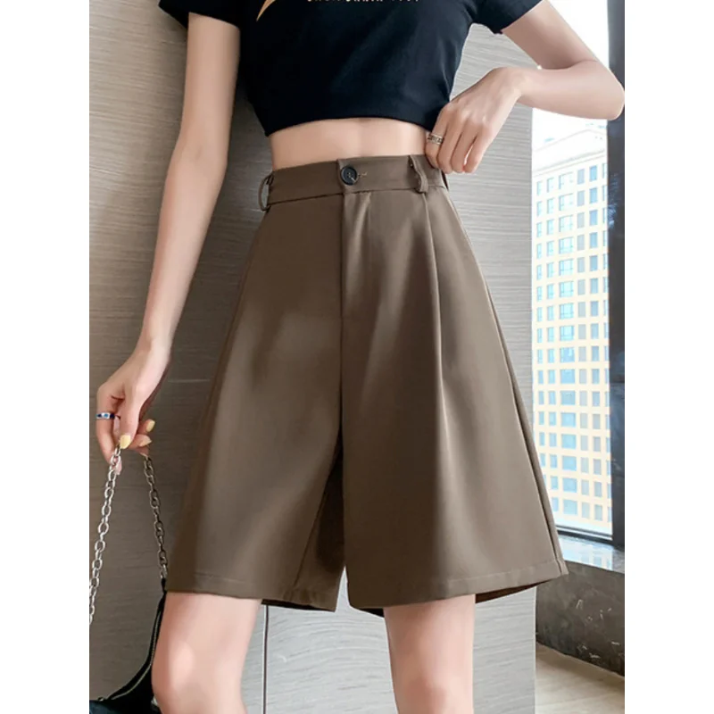 2023 Summer White Black Suit Shorts Woman High Waist Wide Leg Shorts Women Casual Half Trousers Loose Knee Length Pants Femme