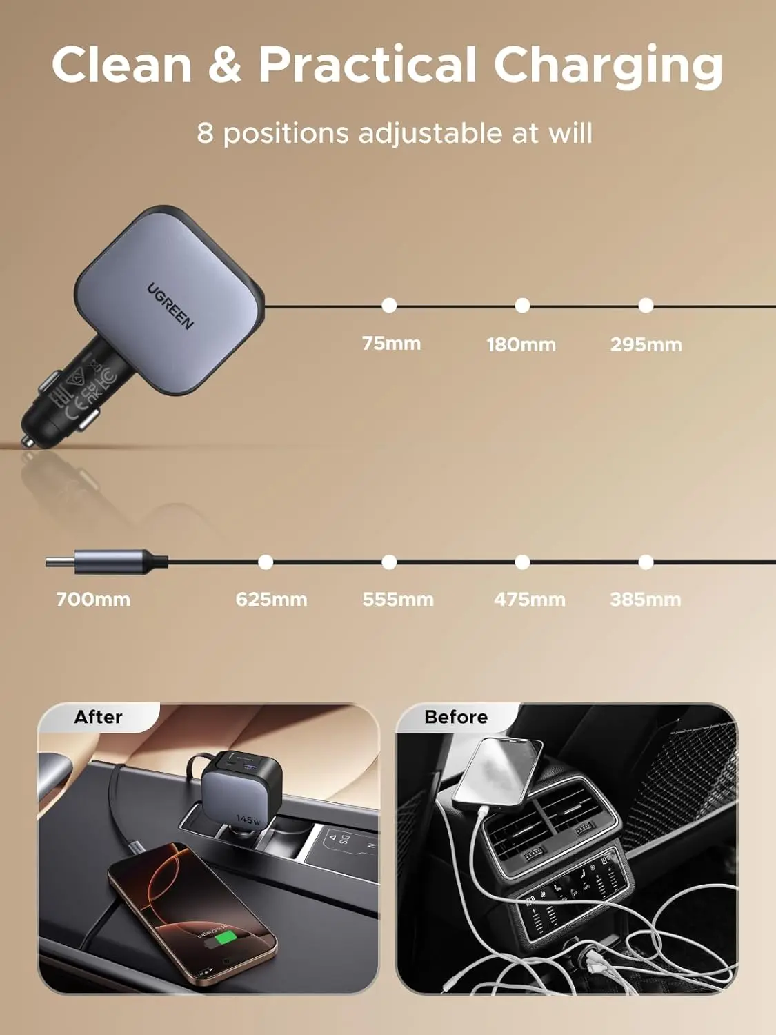 Фото UGREEN 145W 3C1A Выдвижное автомобильное зарядное устройство, автомобильное зарядное устройство для телефона USB C Быстрая зарядка с кабелем типа C №5
