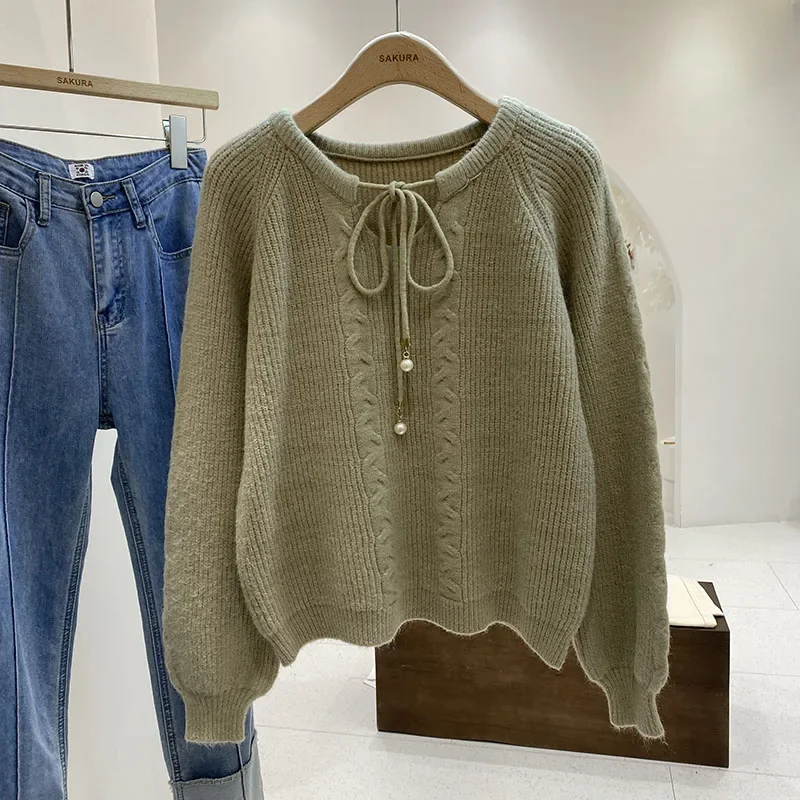 

Thick Keep Warm Sweaters Women Thickened Lace-up Long Sleeve Femme Pullovers Korean Fashion Lazy Style Loose Sweater Dropship