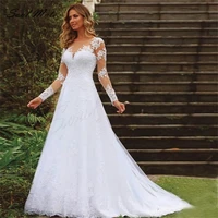 elegant white wedding dresses for women lace appliques long sleeve a line bridal gowns backless bride dress vestidos de noiva