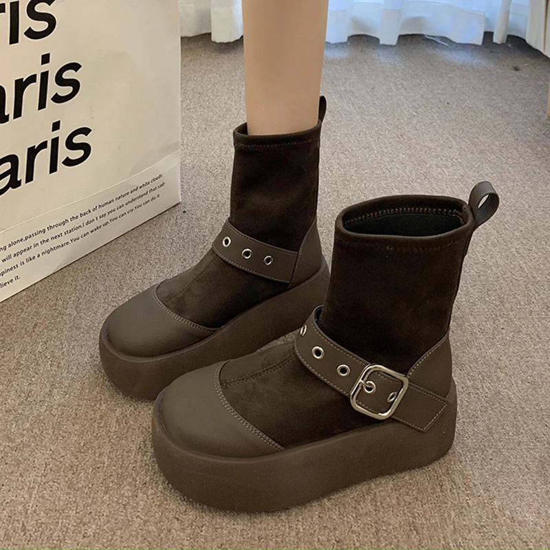 Женские ботильоны на платформе без каблука зимняя новая обувь 2025 трендовые