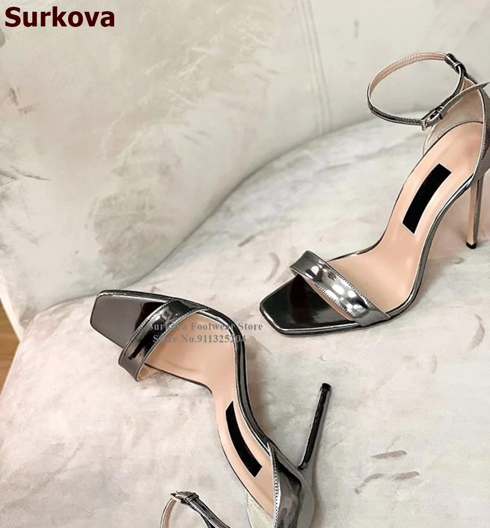 Surkova Pink Patent Leather Square Toe High Heel Sandals Buckle Strap Stilettos Concise Dress Pumps Nude Leopard Mirrow Leather