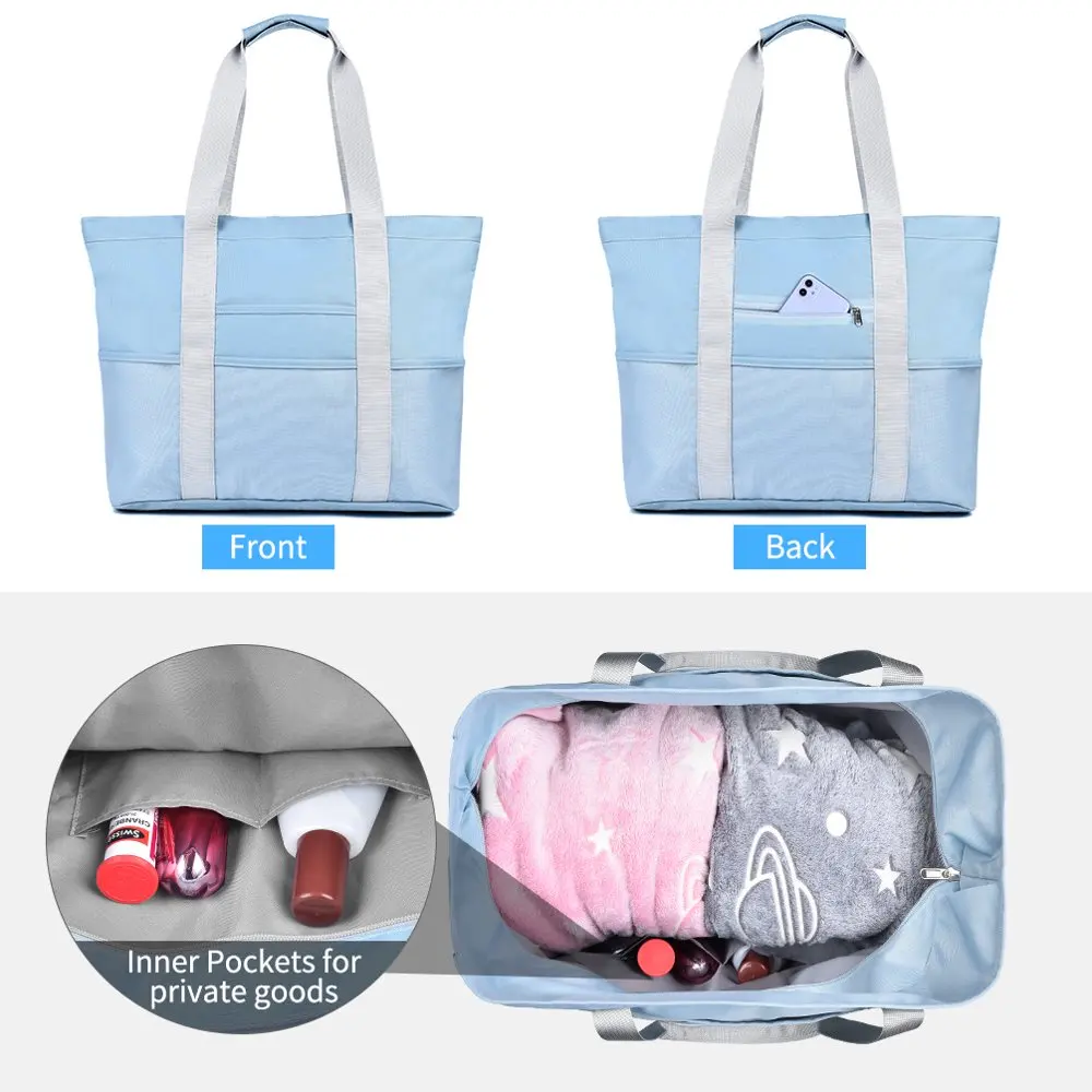 Mesh Beach Bag  Women Large Lightweight Waterproof Sandproof Beach Tote Bags with 8 Side Pockets  Gym Beach Travel Shopping Picn