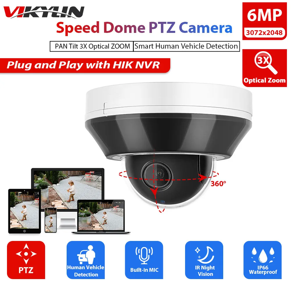 

Купольная IP-камера видеонаблюдения Vikylin 6MP PTZ 3X Zoom для Hikvision совместимая POE 2,8-8 мм H.265 IP66 CCTV камера с микрофоном