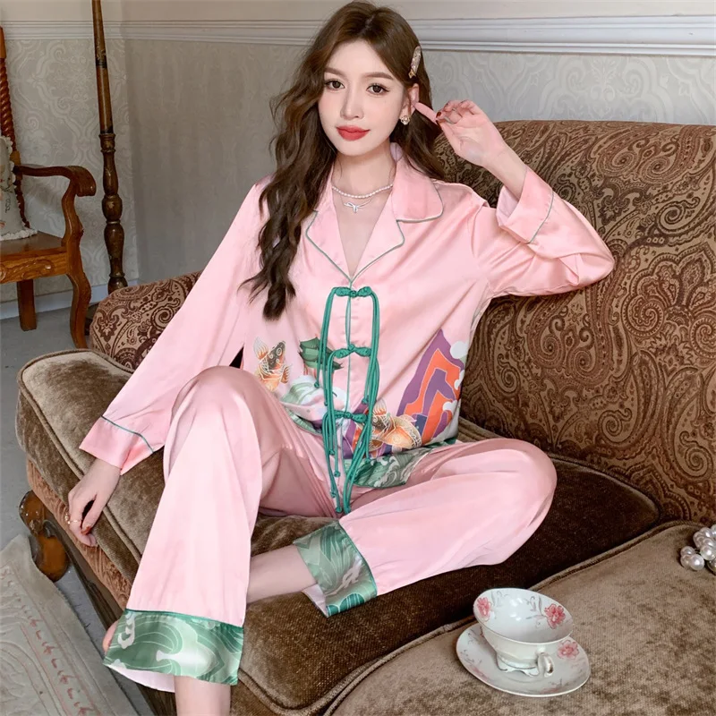 [Rich Family Qianjin] 2023 Spring/Summer New Sleepwear Women's Ice and Snow Silk Printed Long Sleeve Pants Home Fury