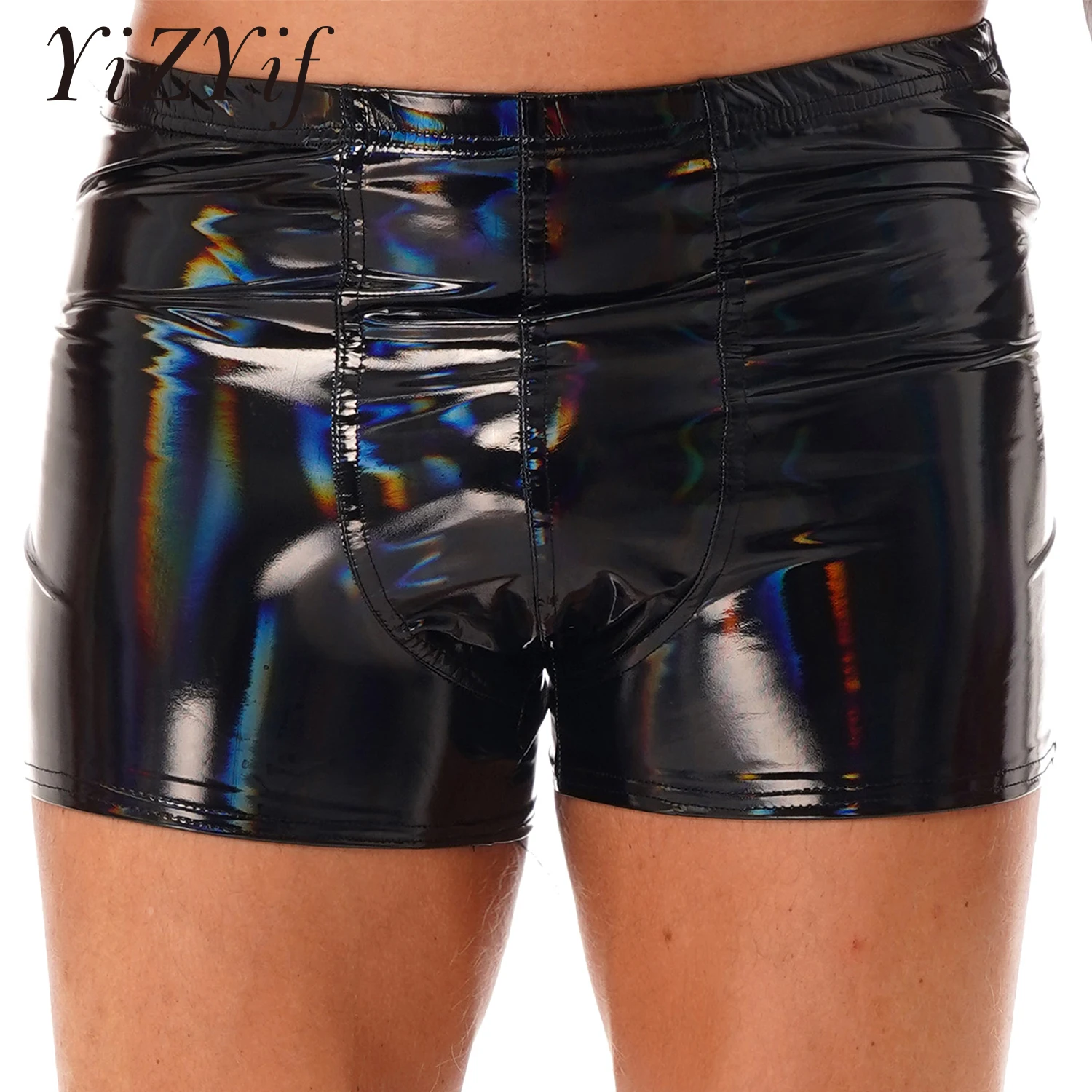 

Mens Wet Look Patent Leather Shorts Bulge Pouch Boxer Brief Elastic Waistband Short Pants Nightclub Pole Dancing Party Clubwear