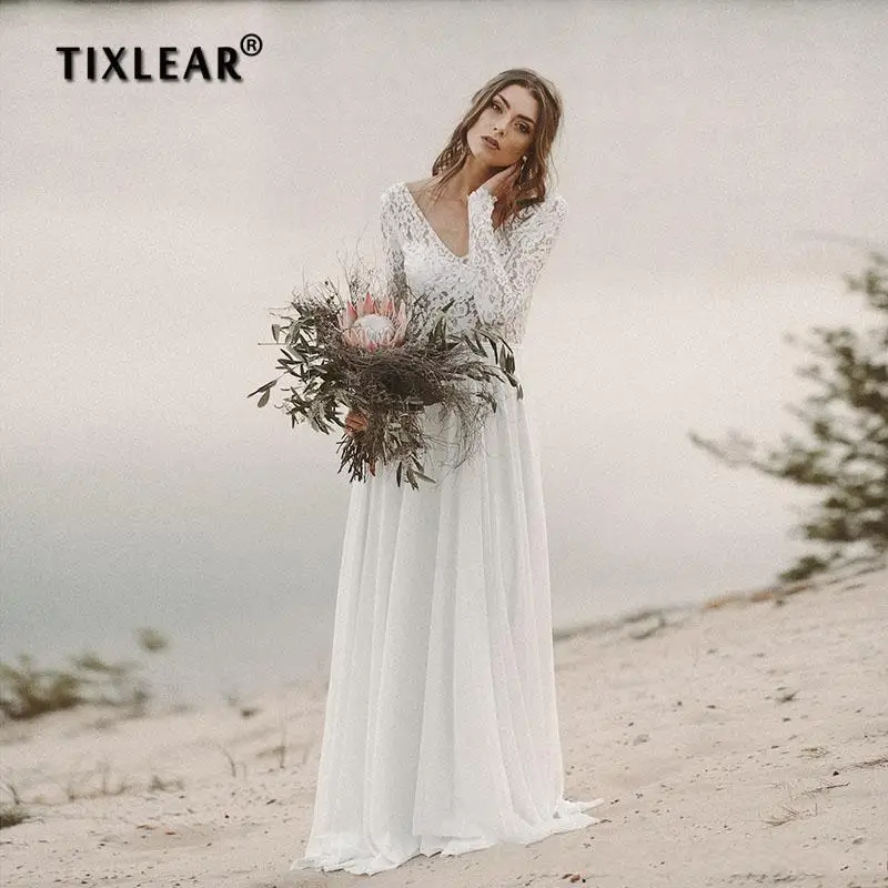 

TIXLEAR Elegant Beach Long Sleeve Wedding Dresses V-Neck Backless Chiffon Lace Bridal Gown Open Back Modest Full Length 2022