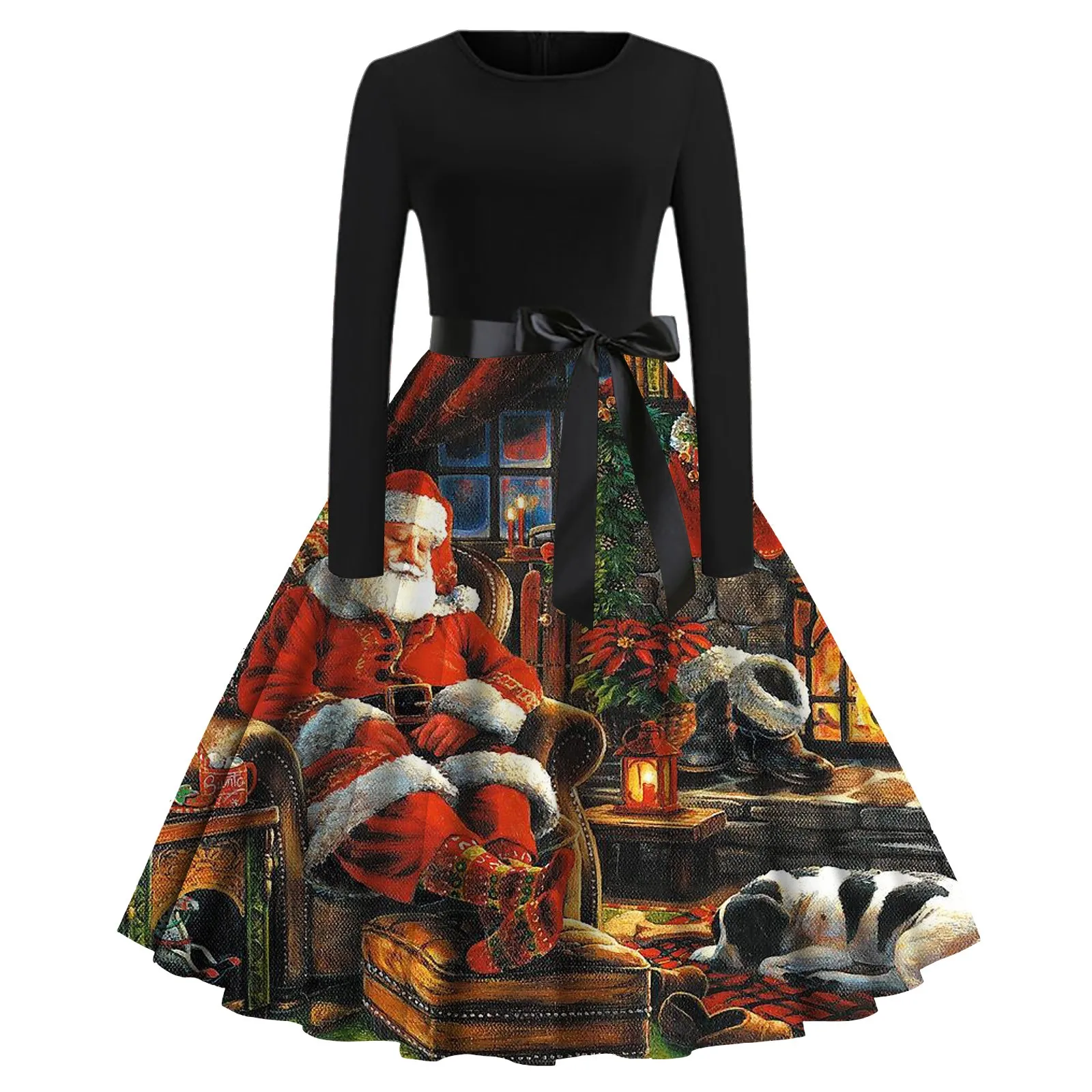 

Women Fashion Christmas Print Dress Round Neck 1950s Housewife Party Dress Satin Formal Dresses